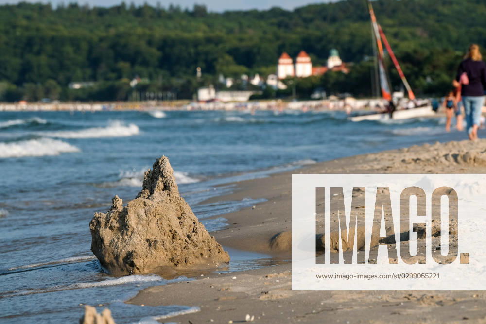 View of the beach of Binz on the island of Rügen in Mecklenburg Western Pomerania In the foreground is a sand castle Binz is the largest seaside resort on the island of Rügen The municipality belongs to the district of Western Pomerania Rügen in Mecklenburg Western Pomerania The Baltic seaside