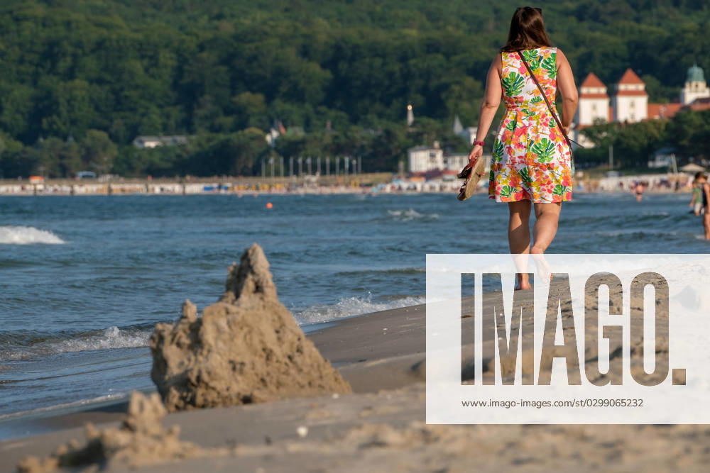 View of the beach of Binz on the island of Rügen in Mecklenburg Western Pomerania In the foreground is a sand castle Binz is the largest seaside resort on the island of Rügen The municipality belongs to the district of Western Pomerania Rügen in Mecklenburg Western Pomerania The Baltic seaside