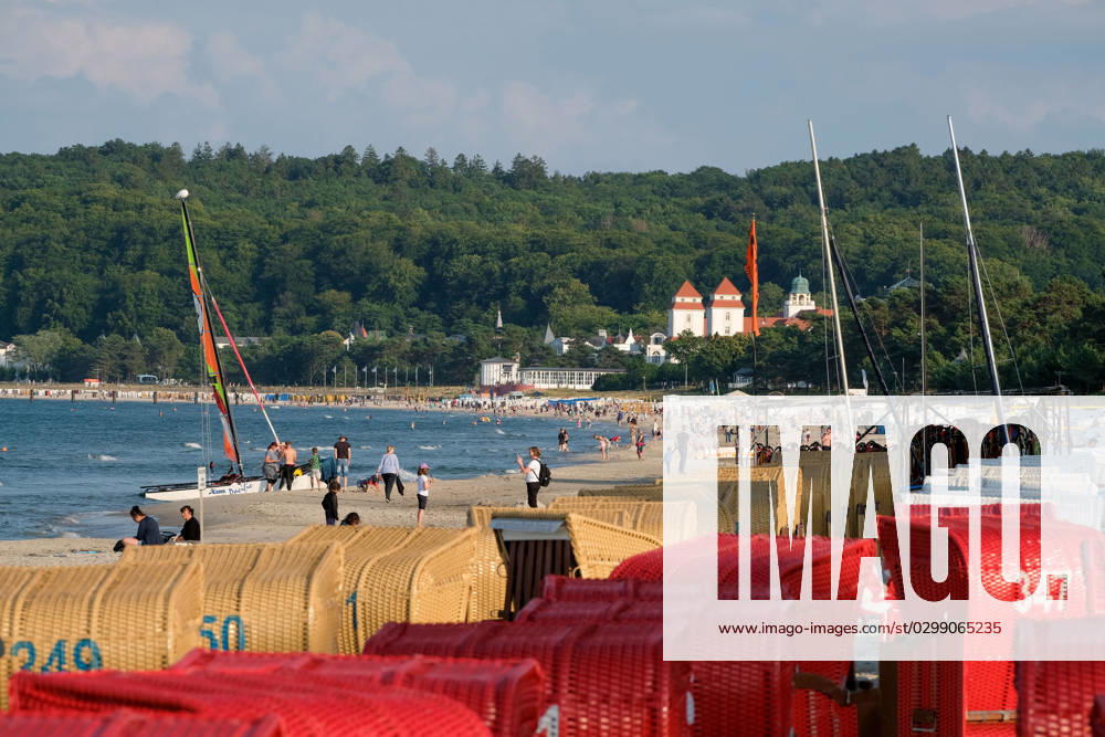 View of the beach of Binz on the island of Rügen in Mecklenburg Vorpommern In the foreground are beach chairs Binz is the largest seaside resort on the island of Rügen The municipality belongs to the district of Vorpommern Rügen in Mecklenburg Vorpommern The Baltic seaside resort has borne its