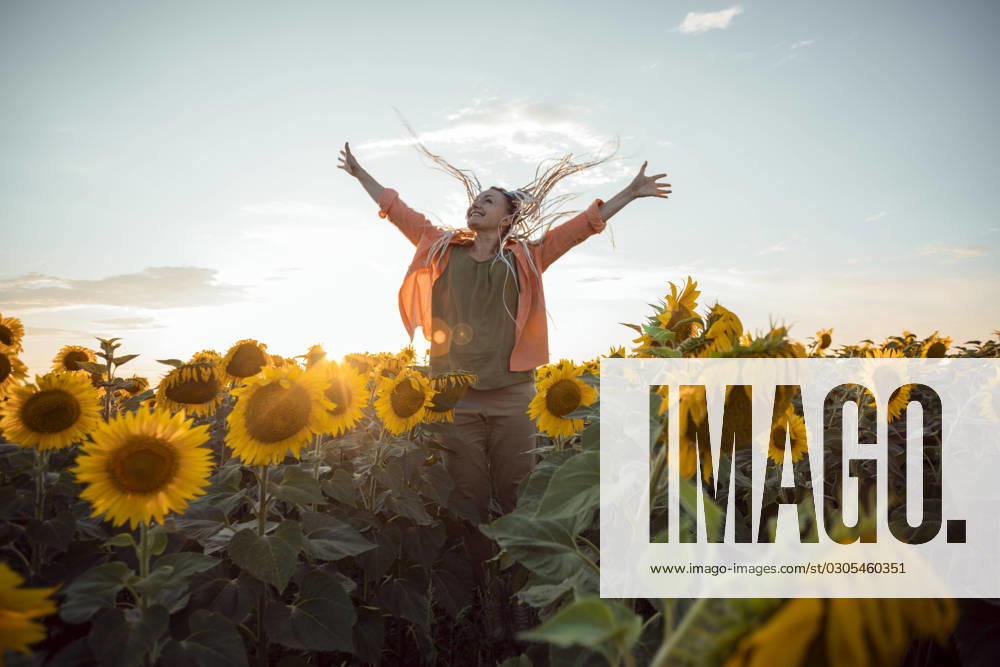 Happy woman with arms outstretched standing in sunflower field model released, Symbolfoto property released, ADF00144