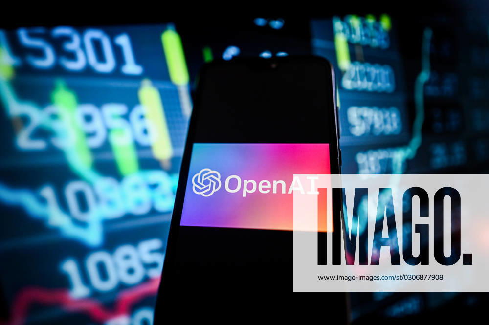 Logo illustrations in Poland - 03 Oct 2023 In this photo illustration, an OpenAI logo is displayed on a smartphone with stock market percentages on the background. Poland