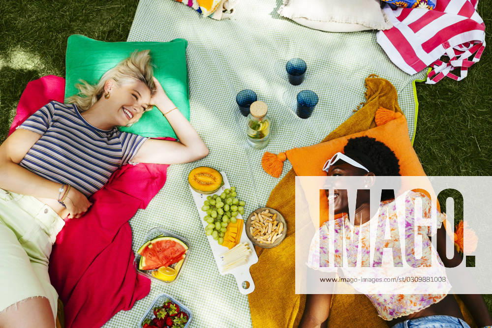 Smiling friends lying on picnic blanket in garden model released, Symbolfoto, EBSF03759