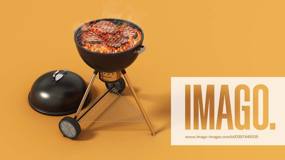 Meat slices on the barbecue. Copy space on the right. 3D illustration Meat slices on the barbecue. Copy space on the right. 3D illustration.