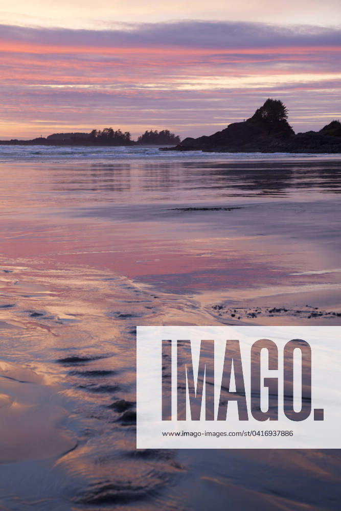 Cox Bay and Sunset Point at sunset near Tofino, British Columbia, Canada on Vancouver Island in Clayoquot Sound UNESCO Biosphere Reserve.