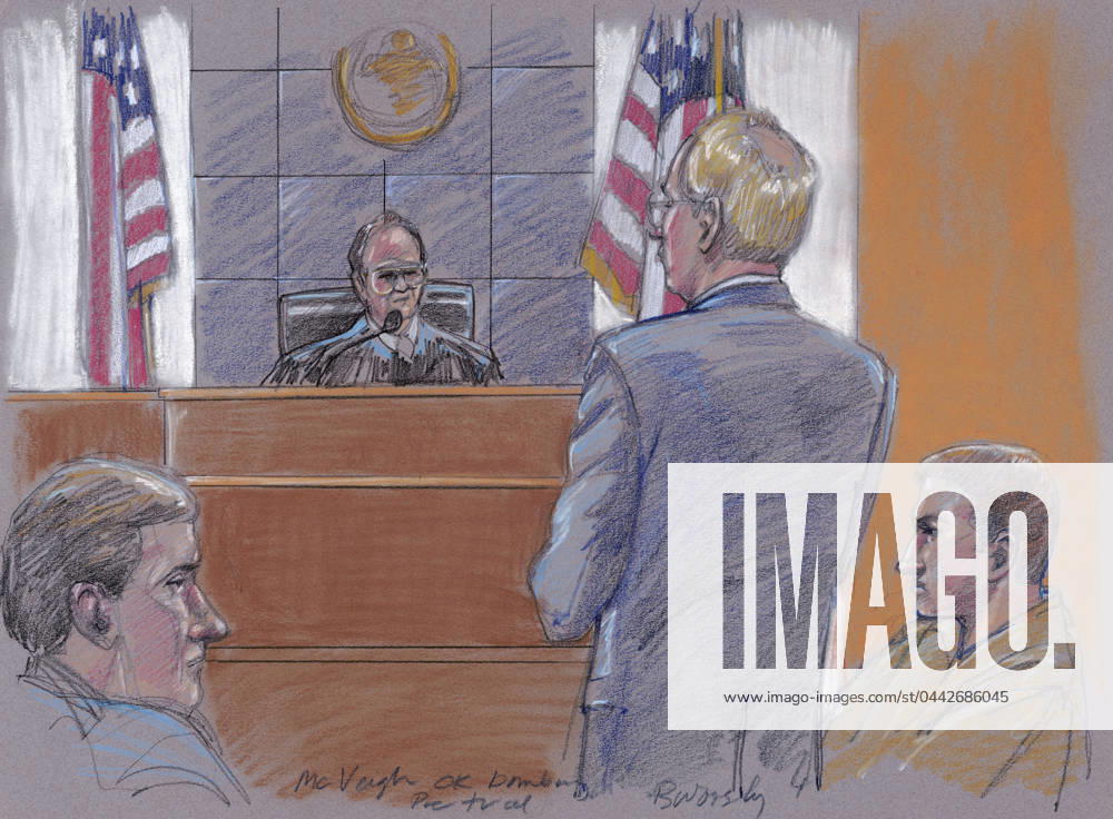 TIMOTHY McVEIGH (1968-2001). American domestic terrorist responsible for the 1995 Oklahoma City bombing. McVeigh and his lawyer before the judge during his pre-trial hearing. Drawing by Brigitte Woosley, 1996.