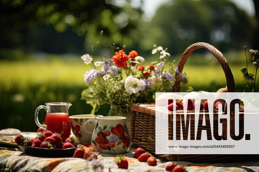 A peaceful picnic setup featuring fresh strawberries, a wicker basket, flowers, and refreshments in a sunny meadow. Generative AI image Model Released Golibt_ID19452_575842_001
