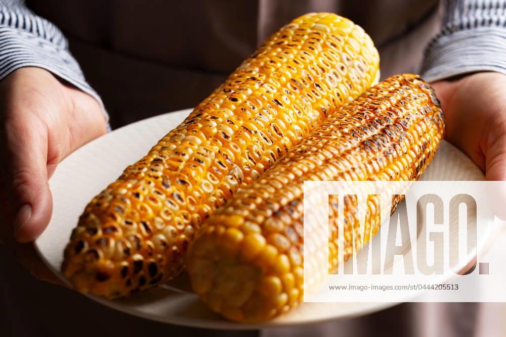 Caucasian male hands holds plate with grilled sweetcorn Caucasian male hands holds plate with grilled sweetcorn