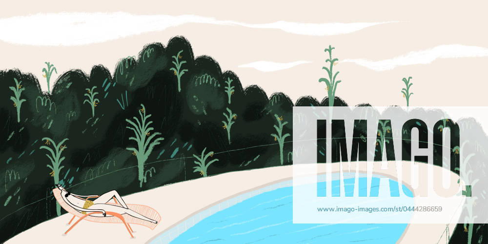A serene illustration of a person lounging by a pool surrounded by lush foliage, evoking a sense of calm and leisure. Model Released BrendaFebus_ID20840_614770_008
