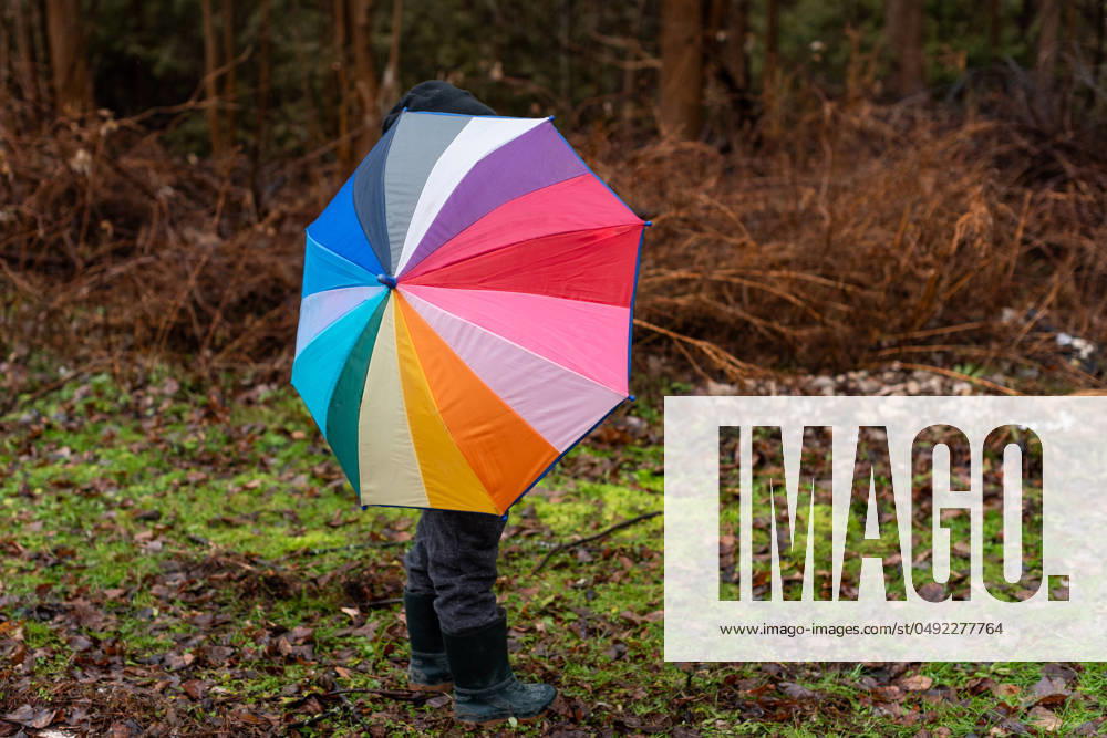 IMAGO Creative, Jahreszeit Herbst, Ferien A child holding a colorful umbrella, standing in a forest clearing Kincardine, Ontario, Canada R_ATBL240528EF-1441042-01 ,model released, Symbolfoto