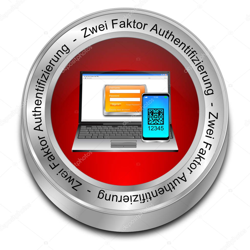 Red two Factor Authentication button - in german - 3D illustration