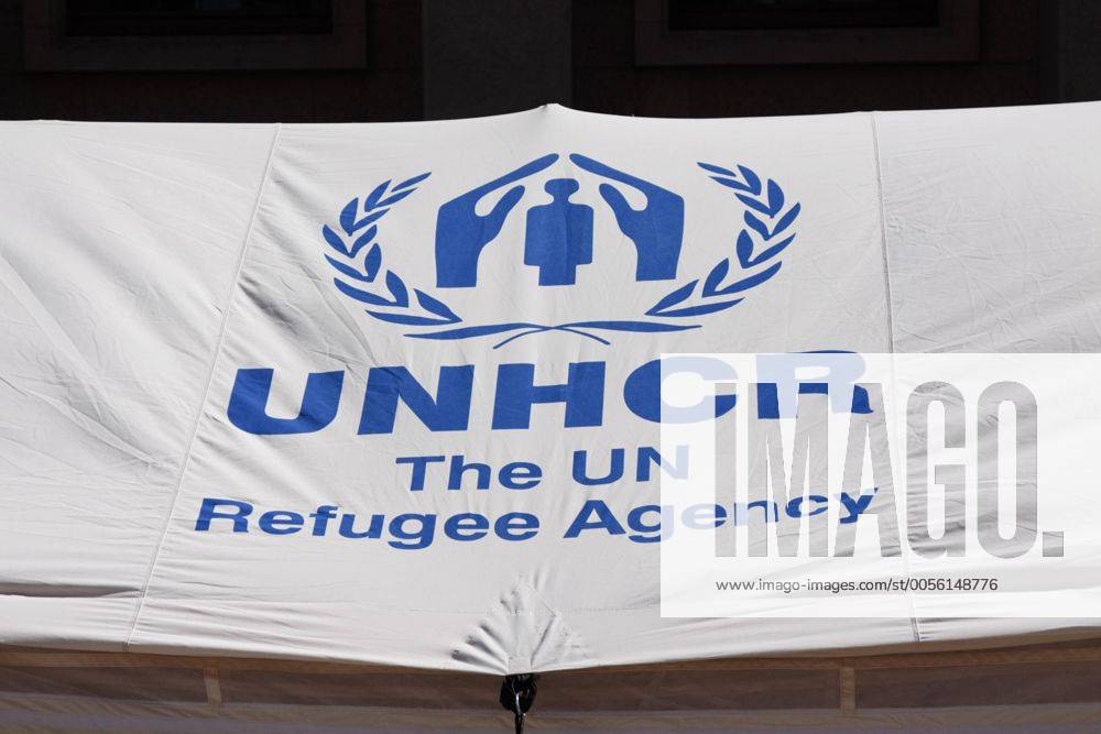 Zelt, Logo, UNHCR, Hoher Flüchtlingskommissar der Vereinten Nationen, United Nations High Commissioner for Refugees Vereinte Nationen, UN, mit dem Schutz von Flüchtlingen und Vertriebenen weltweit beauftragt iblasm02008304