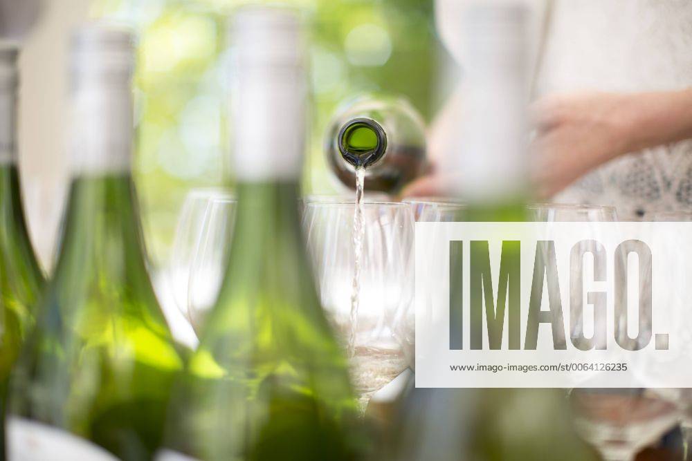 IMAGO Creative, Sommer, Weinfeste und Weinwanderungen White wine being poured at wine tasting session model released Symbolfoto property released ZEF003178