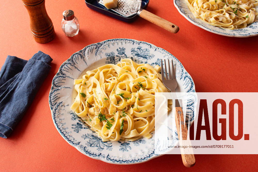 A close-up shot of fettuccine Alfredo on a red background. Garnished with fresh parsley and grated Parmesan cheese Model Released OlgaVila_ID22469_655933_005