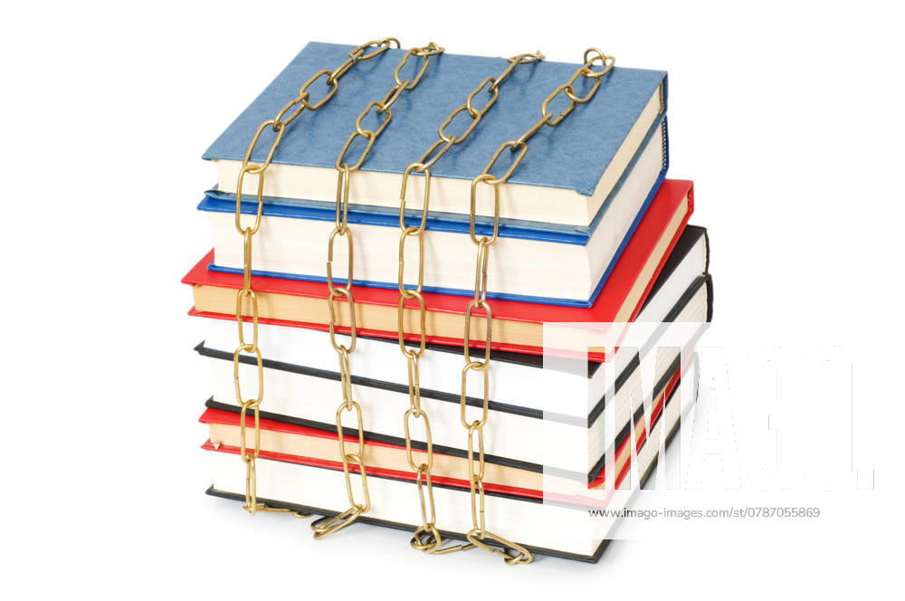Censorship concept with books and chains on white ,model released, Symbolfoto