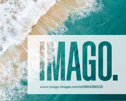 Aerial view of ocean waves meeting sandy beach with two sharks swimming in clear turquoise water. 28364634 RECORD DATE NOT STATED