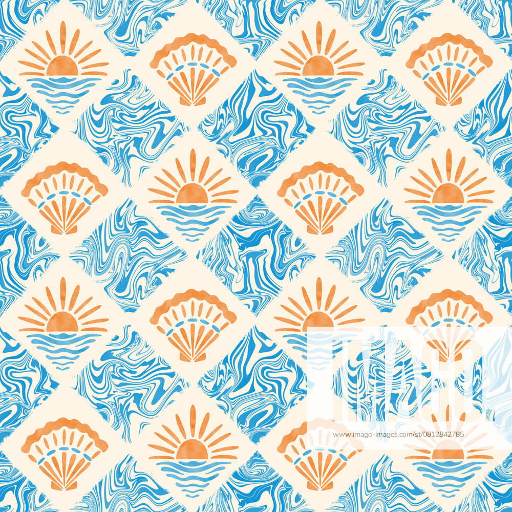 Nautical groovy seamless pattern. Watercolor seashells and sunset sun tiles on marble textured background. Summer joyful design for swimwear, home decor, textile. Blue wavy swirls repeat , 59129114.jpg, sea, shell, groovy, pattern, seamless, sun, marble, liquid, wavy, water, summer, vacation, wallpaper, nature, texture, print, whimsical, seashell, seashore, fun, coastal, repeat, textile, design, background, fabric, beach, swimwear, illustration, waves, playful, blue, orange, psychedelic, dynamic, watercolor, stain, flow, modern, abstract, swirl, italian, tile, diamond, mideterranean, ocean, joyful, nautical, sunset RECORD DATE NOT STATED