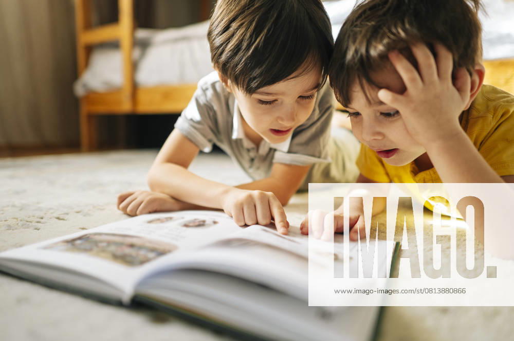 Brothers reading a book together at home model released, Symbolfoto property released, ANAF04612