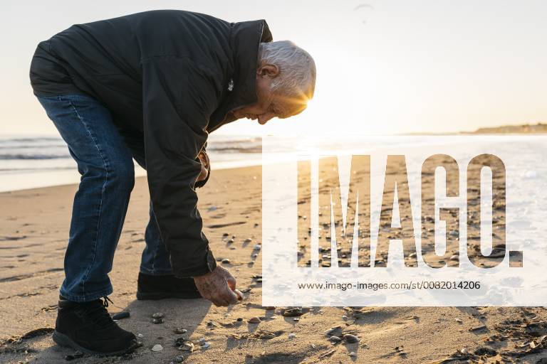 Senior man strolling at the beach, collecting shells model released Symbolfoto JRFF01522
