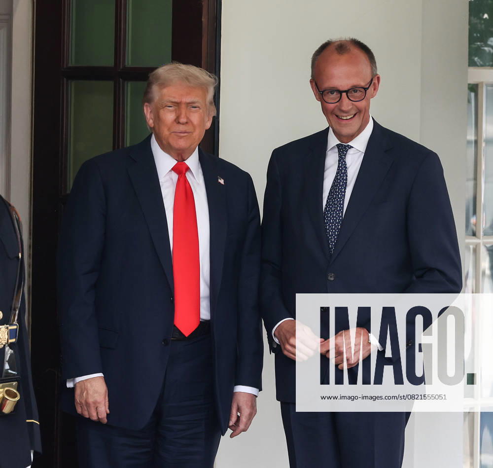Chancellor Friedrich Merz of Germany is greeted by President Donald Trump as he arrives at the White House in Washington DC on Thursday, June 5, 2025. The two leaders are expected to discuss the conflicts in Ukraine and the Middle East, as well as tariffs and trade. WAP20250605501 JemalxCountess