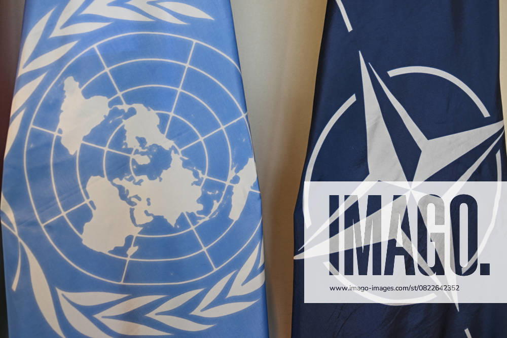 Trumps Early Exit Throws G7 Summit Into Question BANFF, CANADA JUNE 17: The United Nations and NATO flags are displayed at the International Media Center in Banff, Alberta, Canada, on June 17, 2025. Calgary Canada