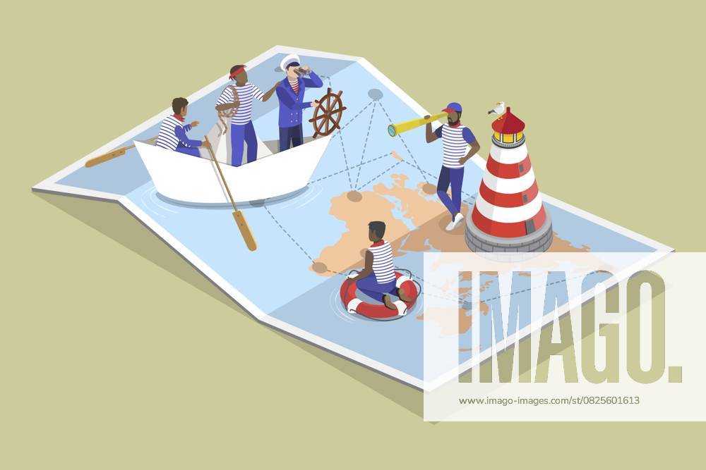 3D Isometrische flache Illustration von Marine Arbeiter im Ozean, Schiffsbesatzung 3D Isometric Flat Illustration of Marine Workers In The Ocean, Ship Crew