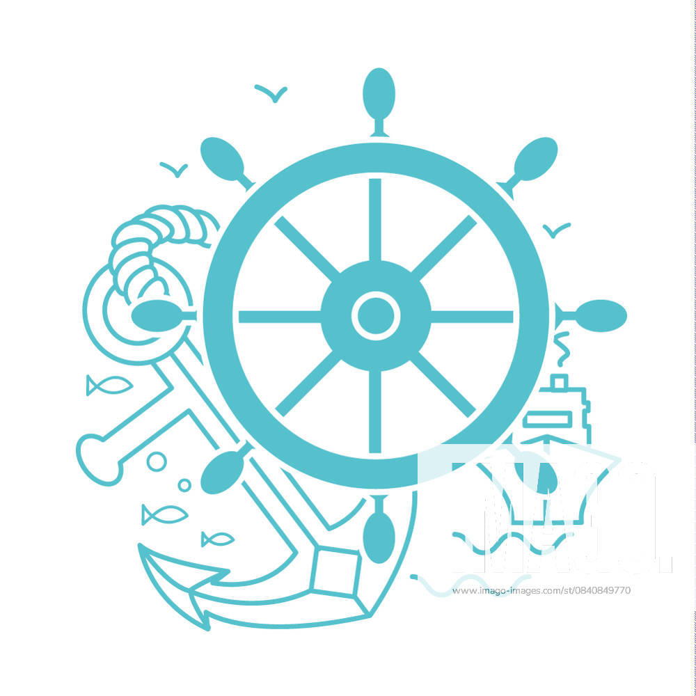 Concept of Seafaring Icon Concept of seafaring in the form of sea rudder, anchor, ship. Icon in the linear style