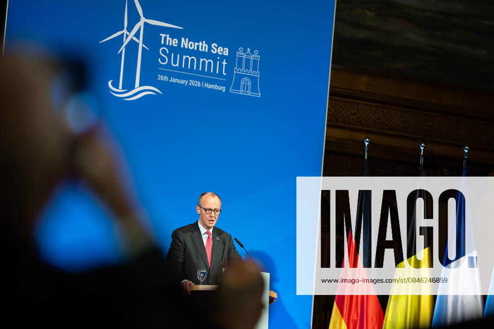 Bundeskanzler Friedrich Merz hält eine Rede im Hamburger Rathaus vor den Teilnehmern des Nordseegipfels;3rd North Sea Summit 2026 in Hamburg, Germany - 3. Nordseegipfel 2026 in Hamburg, Deutschland, Hamburg Hamburg Deutschland Rathaus, Townhall