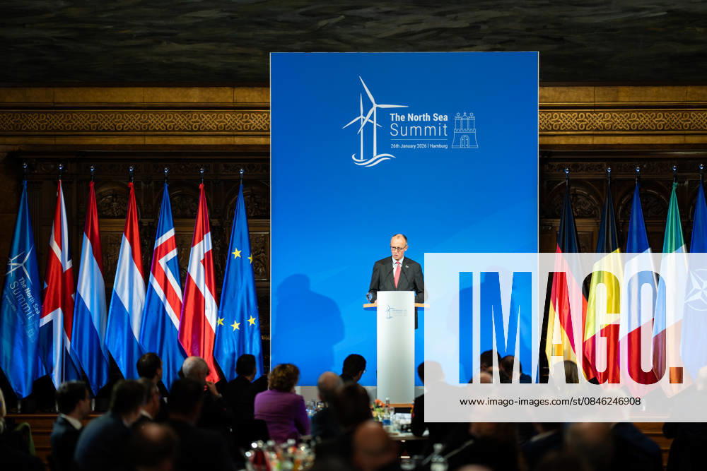 Bundeskanzler Friedrich Merz hält eine Rede im Hamburger Rathaus vor den Teilnehmern des Nordseegipfels;3rd North Sea Summit 2026 in Hamburg, Germany - 3. Nordseegipfel 2026 in Hamburg, Deutschland, Hamburg Hamburg Deutschland Rathaus, Townhall