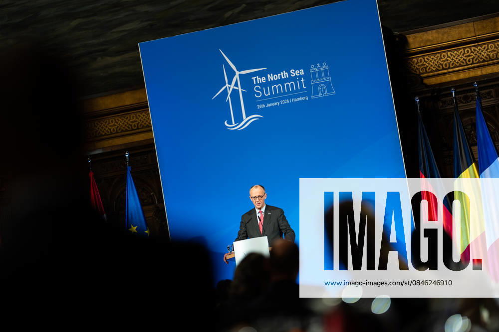 Bundeskanzler Friedrich Merz hält eine Rede im Hamburger Rathaus vor den Teilnehmern des Nordseegipfels;3rd North Sea Summit 2026 in Hamburg, Germany - 3. Nordseegipfel 2026 in Hamburg, Deutschland, Hamburg Hamburg Deutschland Rathaus, Townhall