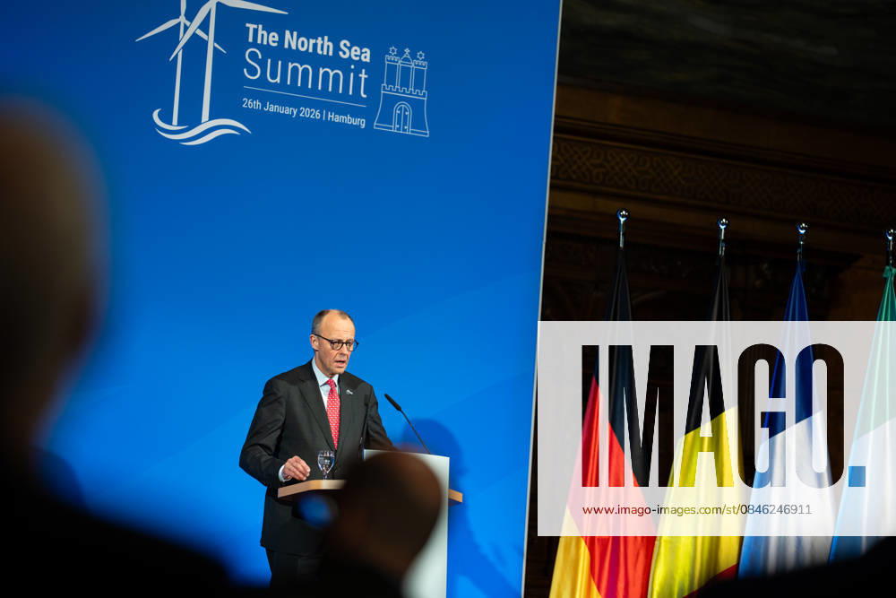 Bundeskanzler Friedrich Merz hält eine Rede im Hamburger Rathaus vor den Teilnehmern des Nordseegipfels;3rd North Sea Summit 2026 in Hamburg, Germany - 3. Nordseegipfel 2026 in Hamburg, Deutschland, Hamburg Hamburg Deutschland Rathaus, Townhall