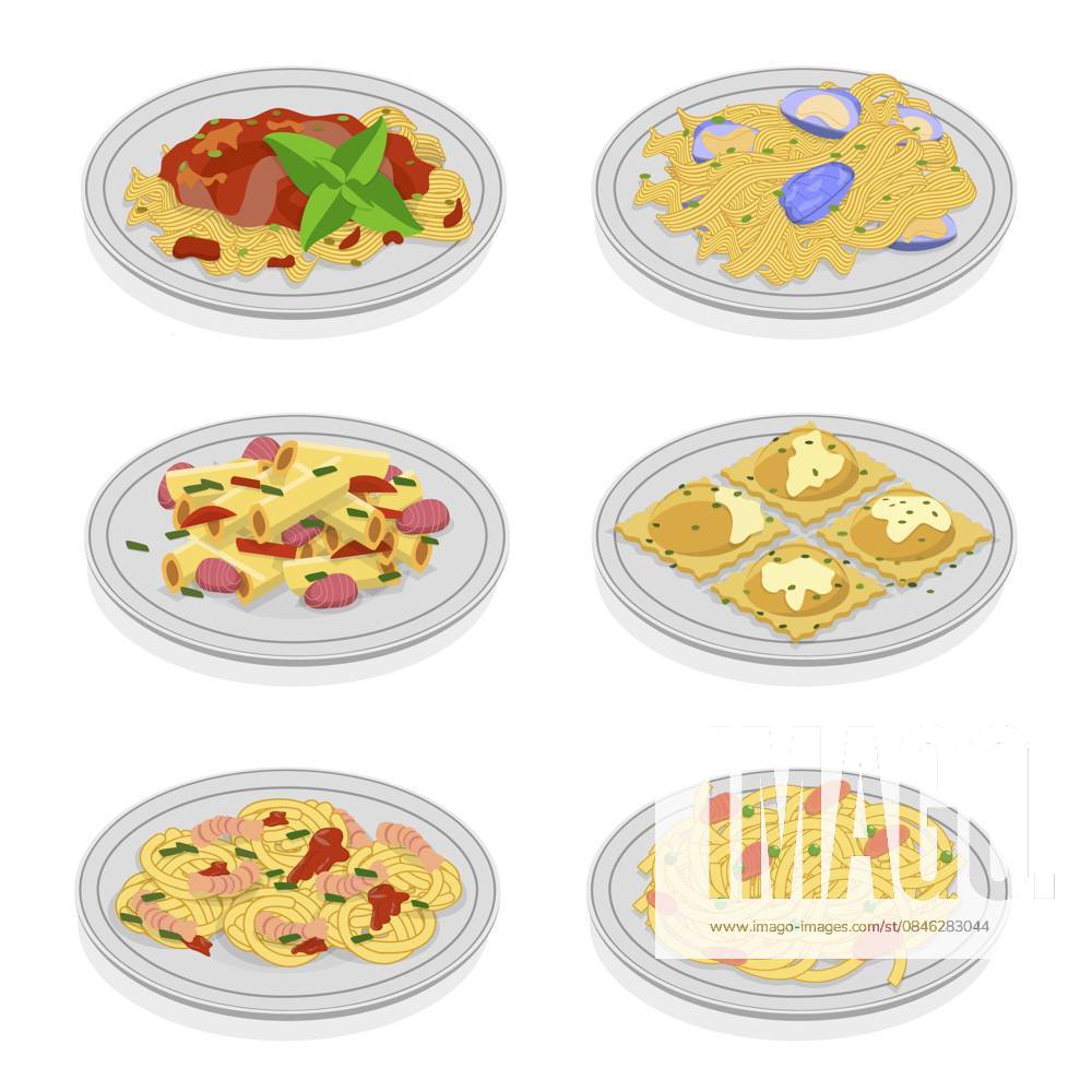 Isometrisches 3D Flachset mit traditioneller italienischer Küche und mediterraner Küche 3D Isometric Flat Set of Traditional Italian Cuisine, Mediterranean Food