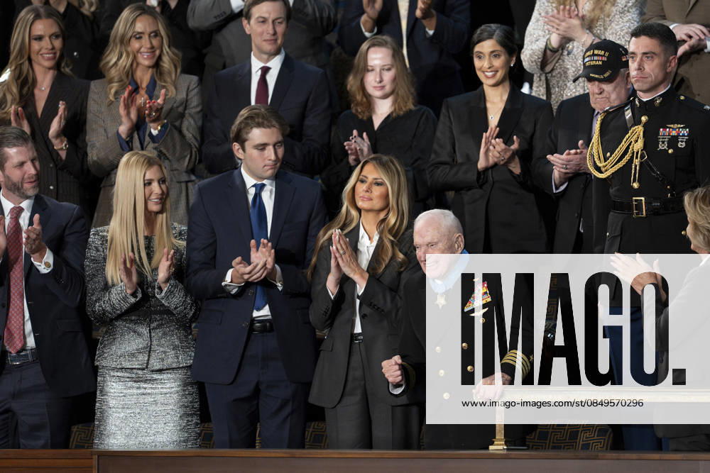 U.S First Lady Melania Trump presents the Medal of Honor to 100-year-old Navy veteran Captain E. Royce Williams during the State of the Union address to a Joint Session of Congress on Capitol Hill, February 24, 2026 in Washington, D.C. Washington United States of America - ZUMAp138 20260304_zaa_p138_076