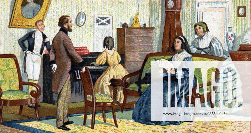 Alfred de Musset (1810-1857) at the home of George Sand (Aurore Dupin, Baroness Dudevant) (1804-1876). Chromolithograph, circa 1890. RECORD DATE NOT STATED