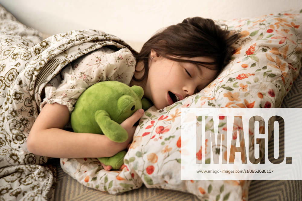 Kid girl sleeping in bed with plush frog toy. on floral pillow Saint Petersburg, Saint Petersburg, Russia R_YFCG26041006-1995714-01 ,model released, Symbolfoto