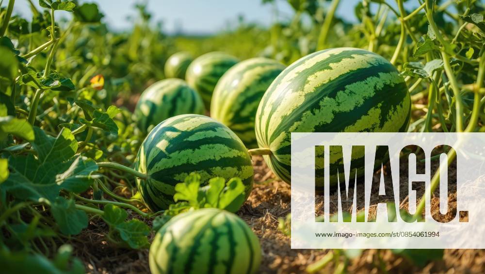 Grüne Wassermelonen auf dem Feld, Nahaufnahme des Fotos. Sommer Green watermelons in the field, closeup of photo. (License=RF)