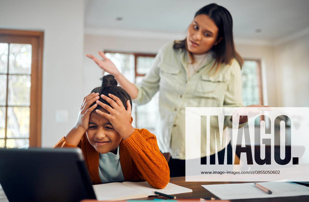 Education, fail and children with a student girl and indian woman looking confused or in doubt while distance learning. Autism, student or internet with a female pupil elearning at home with a parent. (License=RF) ,model released, Symbolfoto