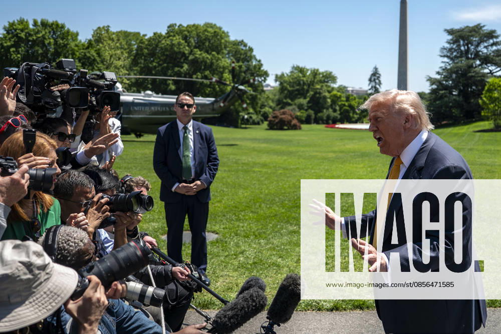 United States President Donald J Trump speaks to the press before departing the White House in Washington, DC for Beijing, China on Tuesday, May 12, 2026. Trump and Chinese President Xi Jinping are expected to discuss trade, artificial intelligence, export controls, Taiwan and the Iran war.