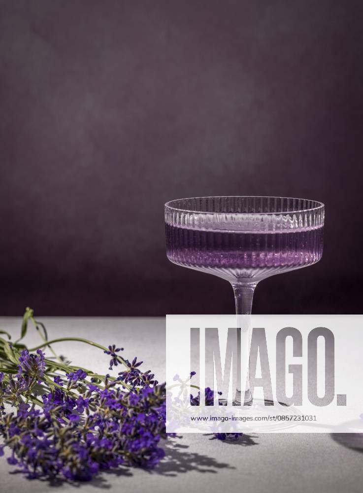 Eleganter Lavendelcocktail, serviert in einem stilvollen Glas, begleitet von frischen Lavendelblüten, die eine raffinierte und erfrischende Atmosphäre schaffen Elegant lavender cocktail served in a stylish glass, accompanied by fresh lavender flowers that create a sophisticated and refreshing atmosphere