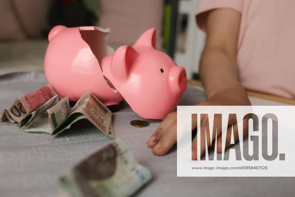 Hand reaching for cash next to a broken pink piggy bank model released, Symbolfoto property released, VIVF01837