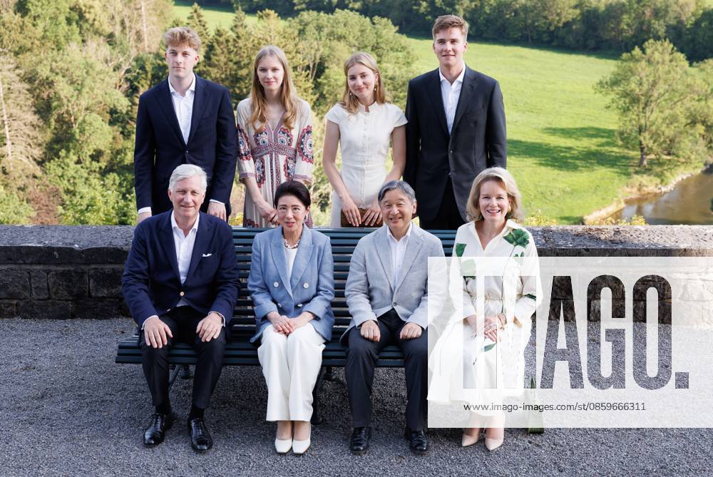 (First Row) King Philippe - Filip of Belgium, Japanese Empress Masako, Japanese Emperor Naruhito, Queen Mathilde of Belgium, (Second Row) Prince Emmanuel, Princess Eleonore, Crown Princess Elisabeth and Prince Gabriel pose for photographers during the family picture at the Royal Domain of Ciergnon during the official state visit of the Japanese Emperor and Empress to Belgium, on Sunday 21 June 2026, in Ciergnon. The Emperor and Empress of Japan visit Belgium from June 20-25. POOLxBENOITxDOPPAGNE 178639111