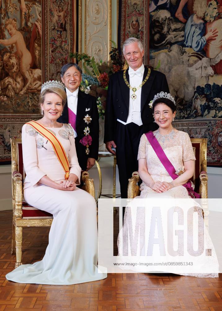 Queen Mathilde of Belgium, Japanese Emperor Naruhito, King Philippe - Filip of Belgium and Japanese Empress Masako pose for photographers prior to the state banquet at the Castle of Laeken - Laken, Brussels, during the official state visit of the Japanese Emperor and Empress to Belgium on Tuesday 23 June 2026. The Emperor and Empress of Japan visit Belgium from June 20-25. BENOITxDOPPAGNE 179015110
