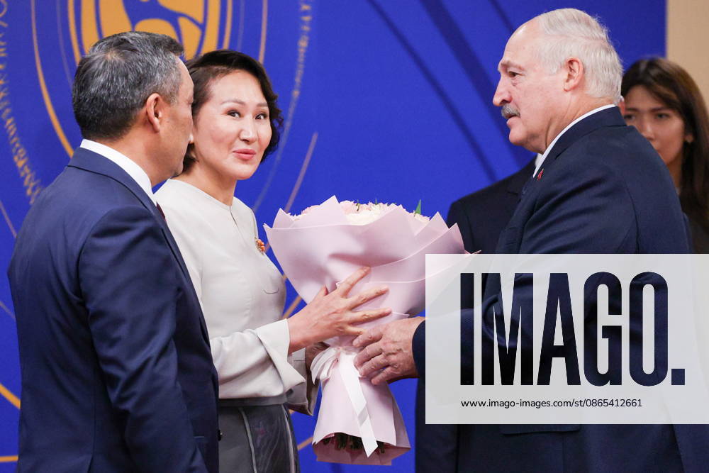 KYRGYZSTAN, BISHKEK - AUGUST 31, 2026: Sadyr Japarov, President of Kyrgyzstan, and his wife Aigul greet Alexander Lukashenko (L-R), President of Belarus, during a ceremony to open the 2026 World Nomad Games at Bishkek Arena Bishkek Kyrgyzstan - ZUMAt113 20260831_zaa_t113_263