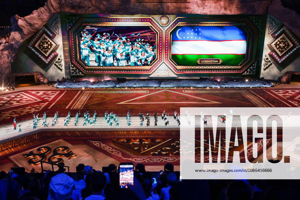 KYRGYZSTAN, BISHKEK - AUGUST 31, 2026: A team of athletes represents Uzbekistan during a ceremony to open the 2026 World Nomad Games at Bishkek Arena. Kirill Kukhmar TASS 96911421