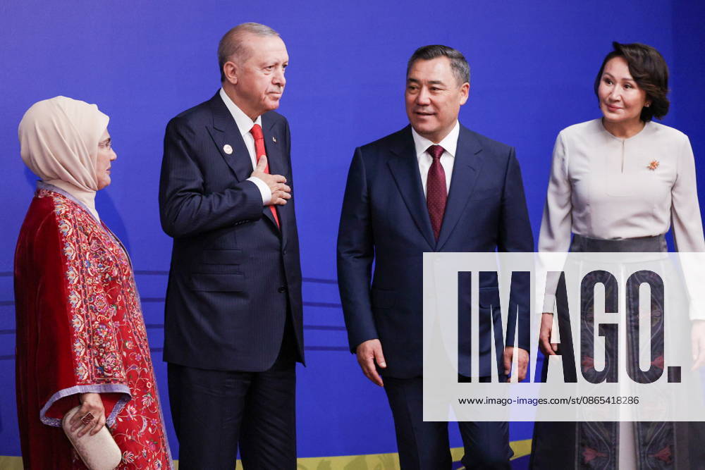 KYRGYZSTAN, BISHKEK - AUGUST 31, 2026: Emine Erdogan, her husband Recep Tayyip Ergodan, President of Turkey, Sadyr Japarov, President of Kyrgyzstan, and his wife Aigul (L-R) attend a ceremony to open the 2026 World Nomad Games at Bishkek Arena Bishkek Kyrgyzstan - ZUMAt113 20260831_zaa_t113_351