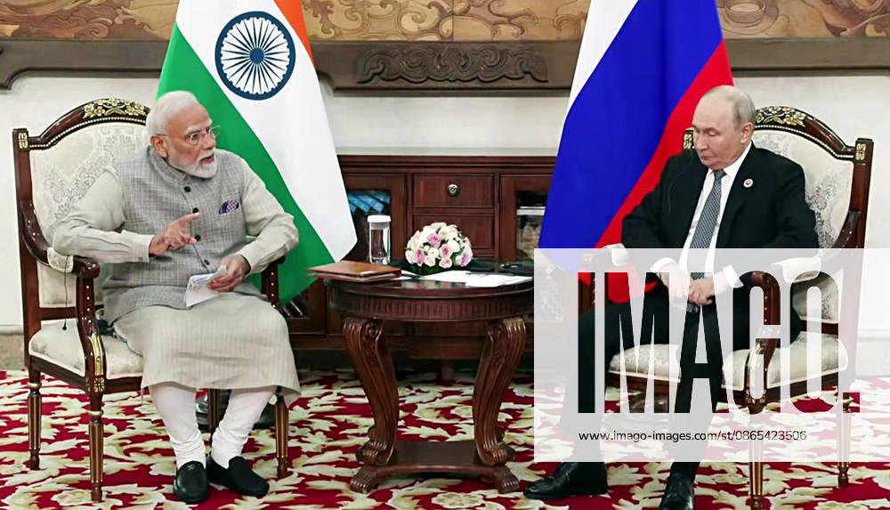 Bilateral Talks Between PM Modi & President Vladimir Putin Bishkek Kyrgyzstan , Aug 31 (ANI): Prime Minister Narendra Modi and Russian President Vladimir Putin hold bilateral talks on the sidelines of the Shanghai Cooperation Organization (SCO) summit, in Bishkek on Monday. (DD ANI Video Grab) Bishkek Kyrgyzstan