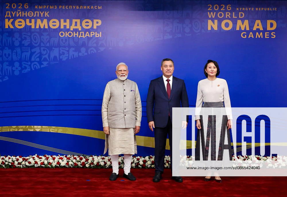 PM Modi attends the opening ceremony of the 6th World Nomad Games Bishkek Kyrgyzstan , Aug 31 (ANI): Prime Minister Narendra Modi poses for a picture with Kyrgyz President Sadyr Japarov and his wife, Aigul Japarova, at the opening ceremony of the 6th World Nomad Games at Bishkek Arena Stadium, in Bishkek on Monday. (@narendramodi X ANI Photo) Bishkek Kyrgyzstan