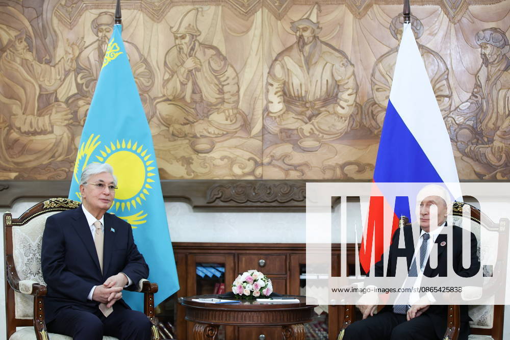 KYRGYZSTAN, BISHKEK - AUGUST 31, 2026: Kassym-Jomart Tokayev (L), President of Kazakhstan, and his counterpart Vladimir Putin of Russia hold a meeting on the sidelines of the 2026 SCO Summit. Peter Kovalev TASS 96913405