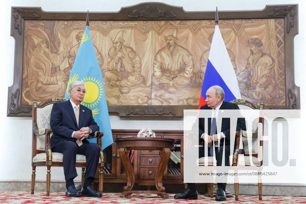 KYRGYZSTAN, BISHKEK - AUGUST 31, 2026: Kassym-Jomart Tokayev (L), President of Kazakhstan, and his counterpart Vladimir Putin of Russia hold a meeting on the sidelines of the 2026 SCO Summit. Peter Kovalev TASS 96913798