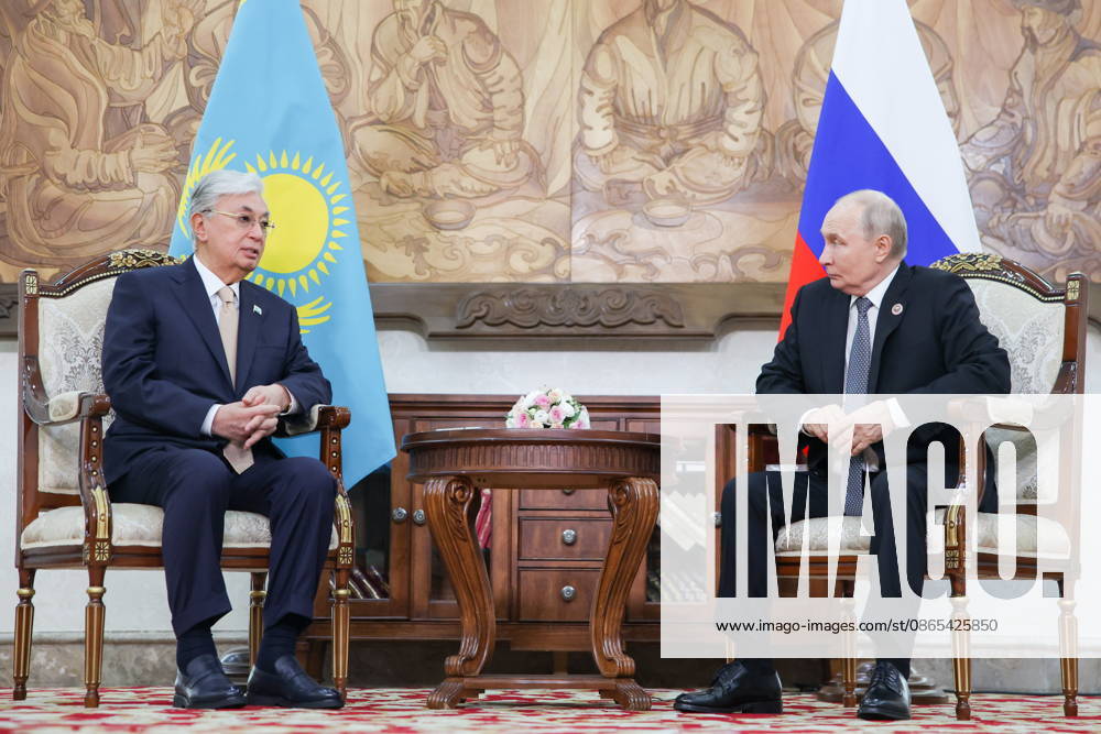 KYRGYZSTAN, BISHKEK - AUGUST 31, 2026: Kassym-Jomart Tokayev (L), President of Kazakhstan, and his counterpart Vladimir Putin of Russia hold a meeting on the sidelines of the 2026 SCO Summit. Peter Kovalev TASS 96913801