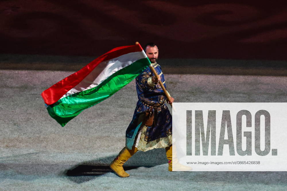 KYRGYZSTAN, BISHKEK - AUGUST 31, 2026: A man carries a national flag of India during a ceremony to open the 2026 World Nomad Games at Bishkek Arena Bishkek Kyrgyzstan - ZUMAt113 20260831_zaa_t113_392